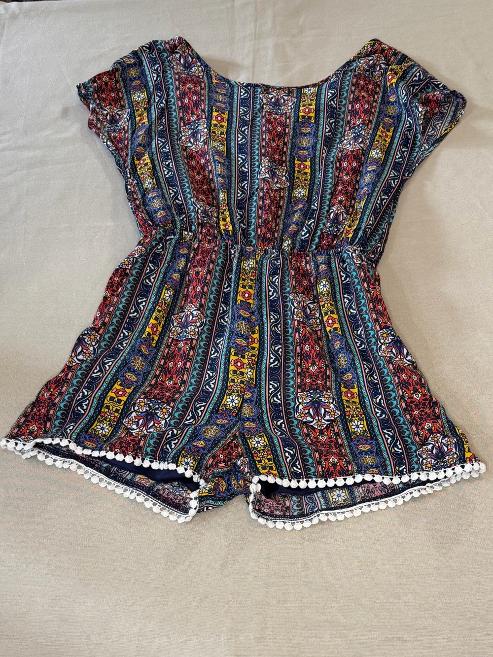 miami Navy Multicolor Boho Stripe Romper with Pom Trim